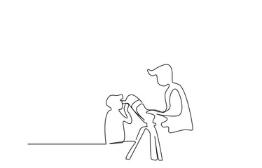 a father and his child looking at the space stars at the moon with a telescope discovering learning