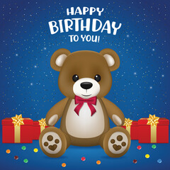 Happy birthday postcard with a realistic teddy bear and gift box vector illustration