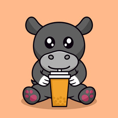 Vector illustration of a hippopotamus and chibi animal