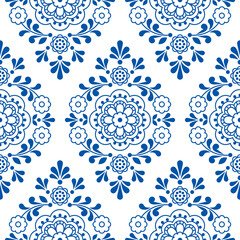  Scandinavian and Nordic folk art inspired vector seamless pattern, floral decorative wallpaper, textile or fabric print design 
