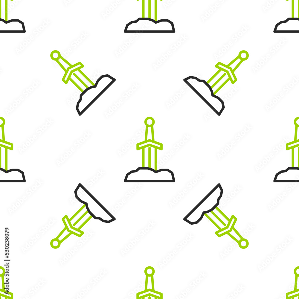 Poster line sword in the stone icon isolated seamless pattern on white background. excalibur the sword in t