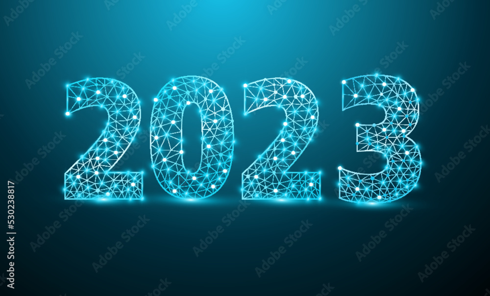 Poster technology concept 2023 new year text design with mesh stylish alphabet letters numbers, graphic bac