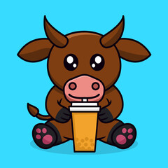 Premium illustration of cute cow and chibi animal