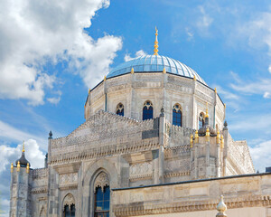 Pertevniyal Valide Sultan Mosque in Laleli, Istanbul, Turkey. Ottoman mosque in gothic style. Close up view. Dome and marble decorative elements. Art or architecture concept