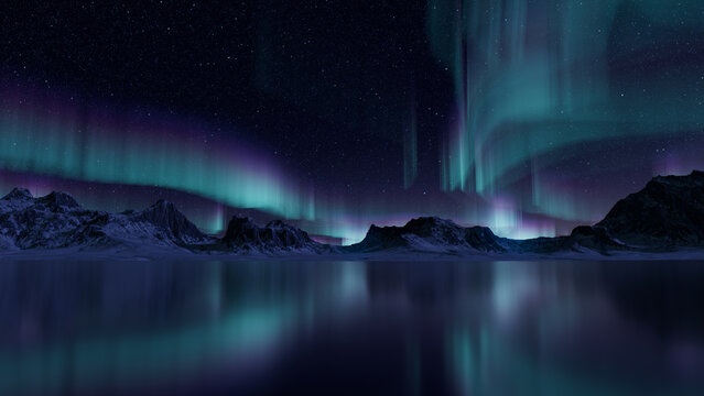 Winter Terrain with Aurora Lights. Blue Sky Background with copy-space.