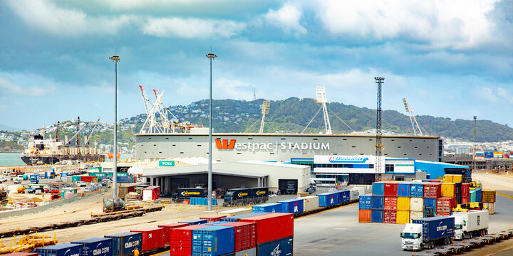 Westpac Stadium near Port of Wellington, New Zealand, taken from Wellington Urban Motorway
