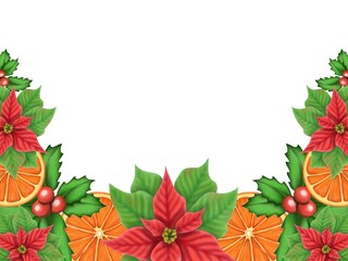 Naklejka na ściany i meble Christmas decorative boarder with poinsettia, holly leaves and oranges. Digitally drawn elements.