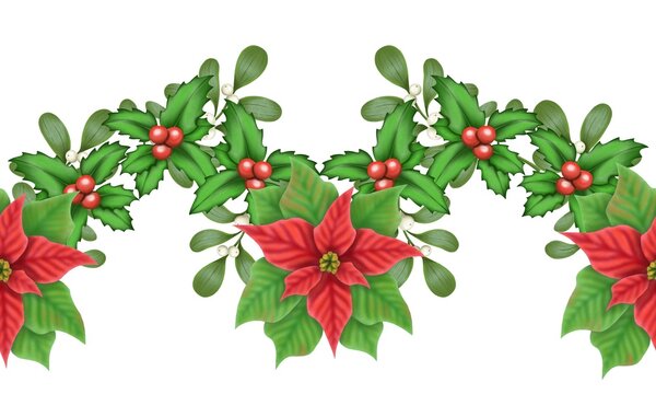 Christmas Decorative Seamless Boarder With Poinsettia, Holly Leaves And Mistletoe. Digitally Drawn Elements.