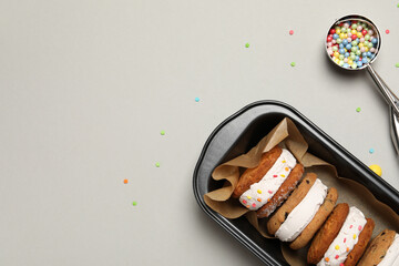 Concept of sweet food, cookies with ice cream, space for text