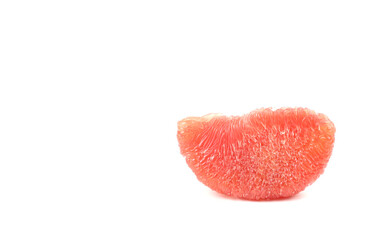 Piece of ripe red siam ruby pomelo , pummelo, grapefruit with no peel on white background with copy space.