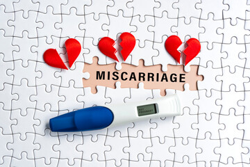 White jigsaw puzzle with miscarriage word over orange background.