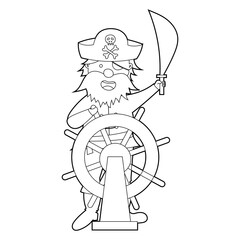 Coloring book for kids, cartoon pirate controls the ship. Vector isolated on a white background.