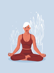 yoga person in lotus position and plants. young women in lotus position