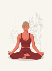 yoga person in lotus position and plants. young women in lotus position