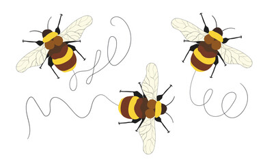 Set of cartoon bee mascot. A small bees flying on a dotted route. Wasp collection. Vector characters. Incest icon. Template design for invitation, cards. Doodle style