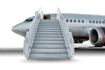 Passenger jetliner with a boarding stairs isolated on transparent background
