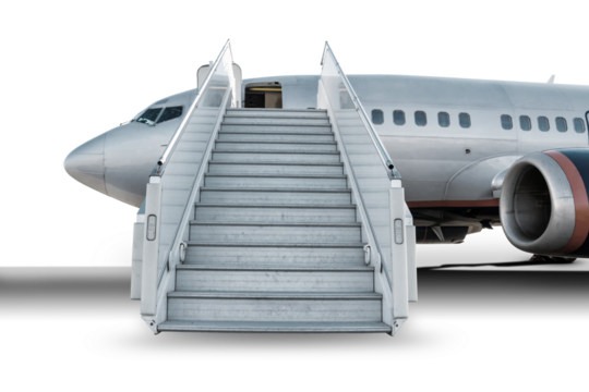 Passenger jetliner with a boarding stairs isolated on transparent background