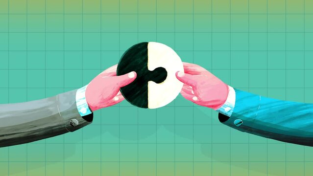 Two hands with puzzles matching. Black and white version on grid background. Business cartoon animation explainer hand made painting flat design style. Two businessmen in suits achieve agreement.