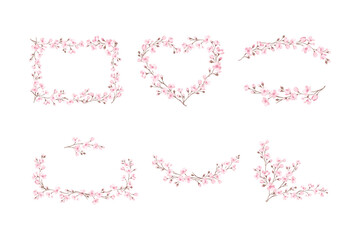 Twigs of Sakura or Cherry Blossom Arranged in Frame and Border Line Vector Set