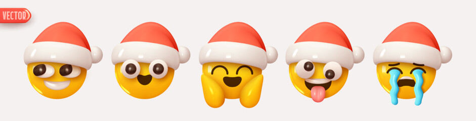 Christmas and New Year holiday emoticons collection. Set Icon Smile Emoji in Red Hat Santa Claus. Realistic Yellow Glossy 3d Emotions face. vector illustration
