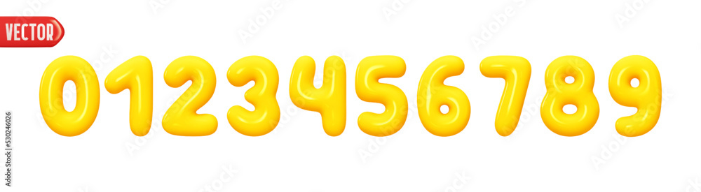 Poster Yellow numbers from 0 to 9. Collection of voluminous inflated numbers from balloon. Set of bright bubble spherical figures. Realistic 3d design. vector illustration