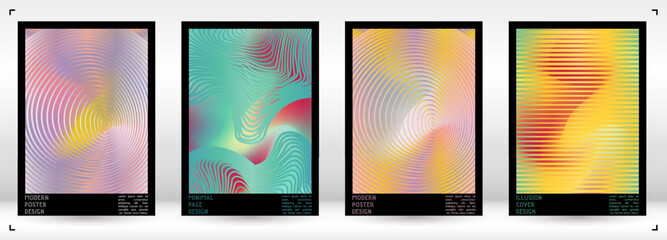 Geometrical Poster Design with Optical Illusion Effect.  Minimal Psychedelic Cover Page Collection. Colorful Wave Lines Background. Fluid Stripes Art. Swiss Design. Vector Illustration for Placard.