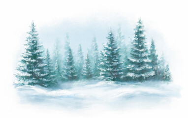 Pastel background drawn landscape of foggy forest, winter hill. Wild nature, taiga.