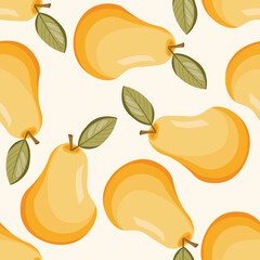 Seamless pattern with pear on white background. Natural delicious fresh ripe tasty fruit. Vector illustration for print, fabric, textile, banner, other design. Stylized pears with leaves. Food concept