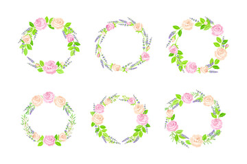 Beautiful Lavender Twigs and Pink Roses Arranged in Circle Wreath Vector Set