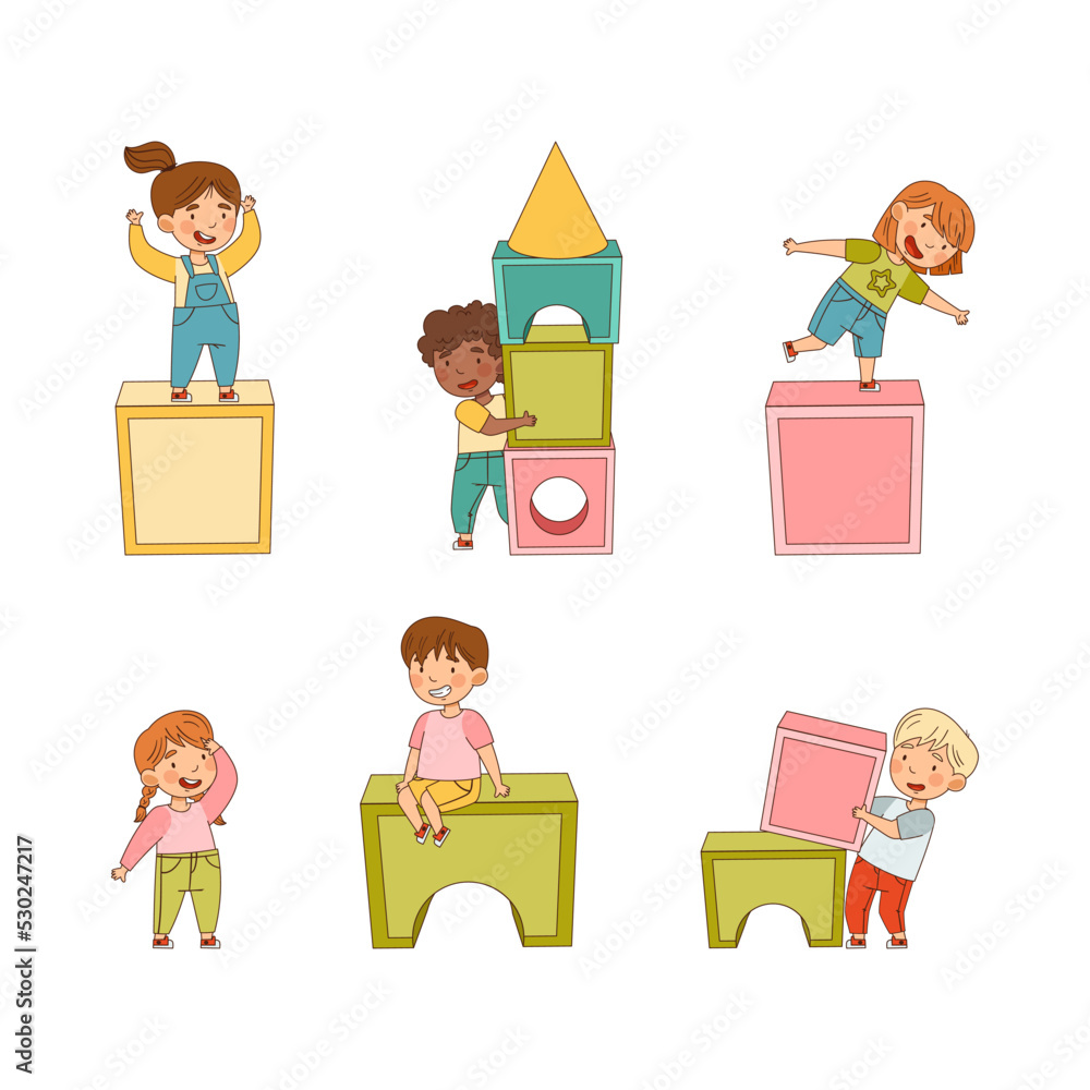 Poster big toy blocks and playful children carrying them around building tower and having fun vector set
