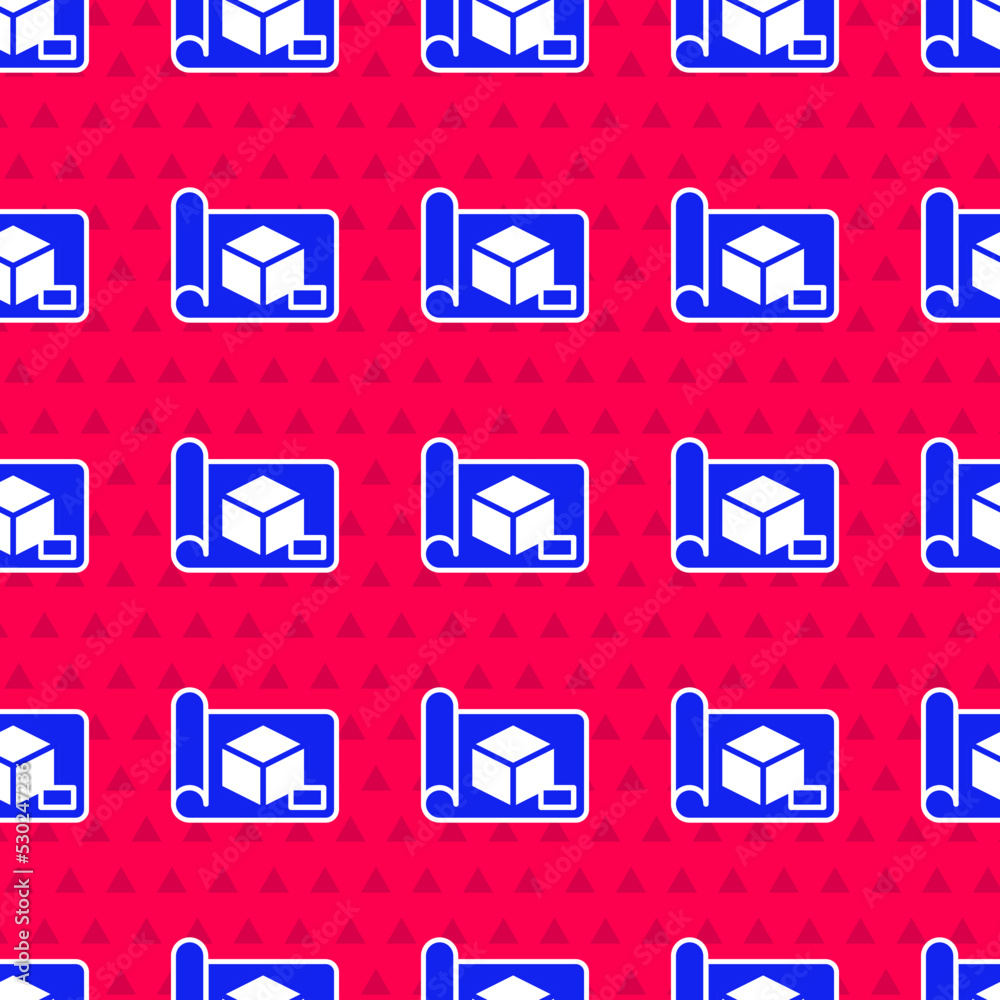 Poster blue graphing paper for engineering icon isolated seamless pattern on red background. vector