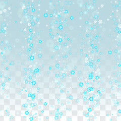 Christmas Vector Background with Falling Snowflakes  Isolated on Transparent Background. Realistic Snow Sparkle Pattern. Snowfall Overlay Print. Winter Sky. Realistic Snow. Happy Christmas, New Year.