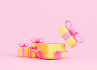 Open gift box present sale promotion great discount pink background 3D illustration