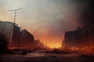 Une ville en ruine post-apocalyptique. Bâtiments détruits, véhicules incendiés et routes détruites. Rendu 3D