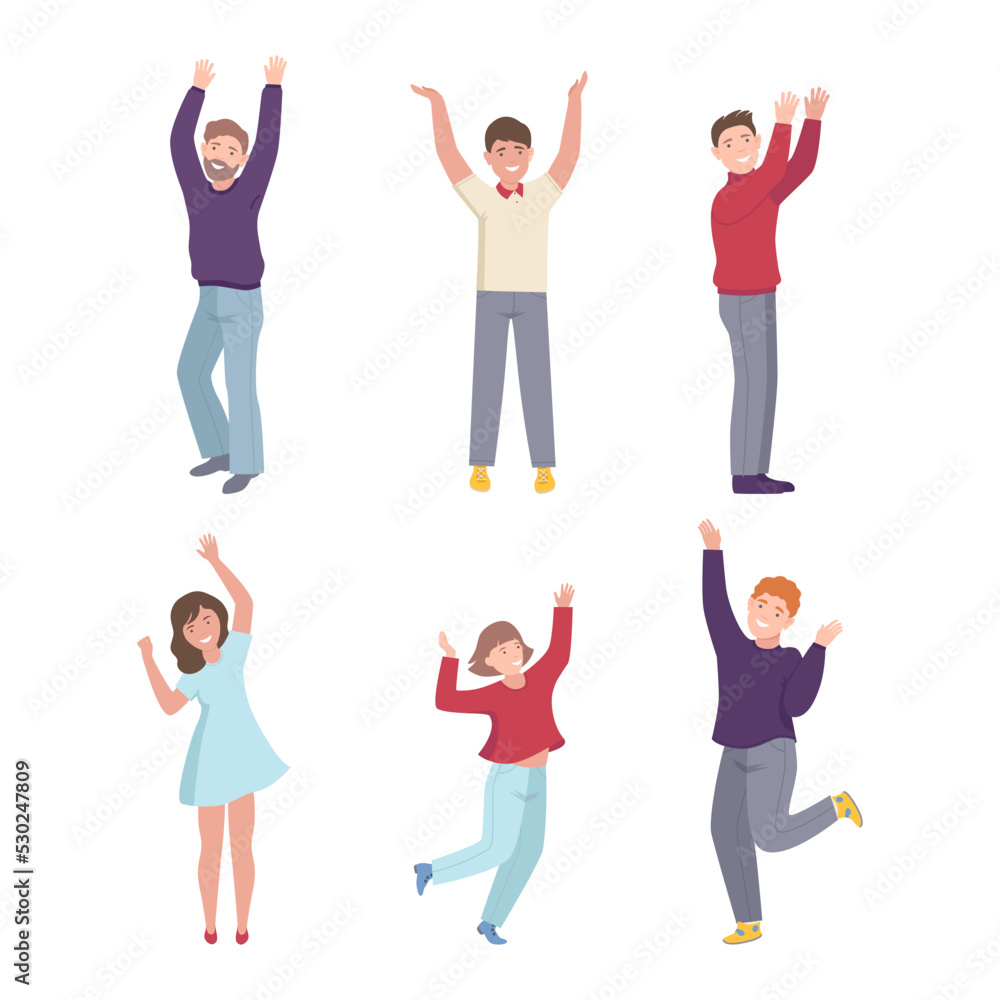 Poster joyful people character standing with raised up hands cheering about something vector set