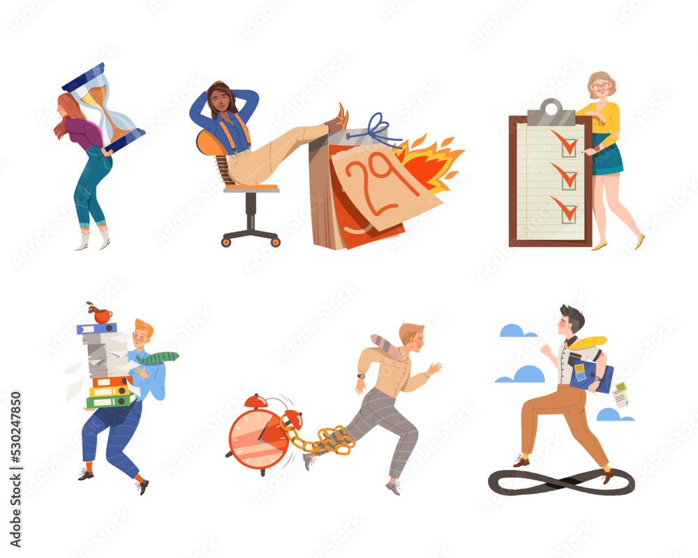 Poster time management with people characters multitasking and organizing their time vector illustration se