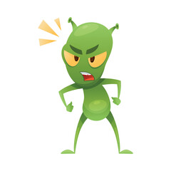 Funny Green Alien Character Standing with Frowning Face Grimace and Shouting Vector Illustration