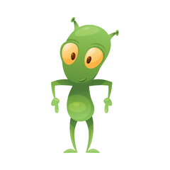 Funny Green Alien Character with Big Eyes and Small Antenna on Head Standing and Pointing Finger Down Vector Illustration
