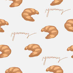 Seamless pattern with tasty fresh crunchy croissants, breadcrumbs. Background for design menu cafe, bistro, restaurant, label and packaging