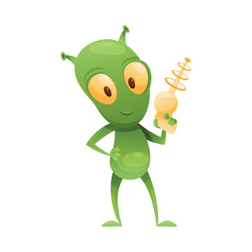 Funny Green Alien Character with Big Eyes and Small Antenna on Head Standing with Blaster Vector Illustration