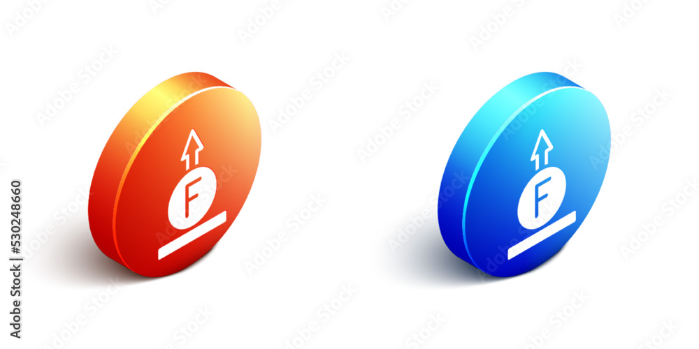 Poster isometric force of physic formula calculation icon isolated on white background. orange and blue cir
