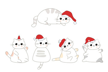 Set of cute  cats in Santa Claus hats. Funny christmas kitten.