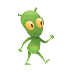 Funny Green Alien Character with Big Eyes and Small Antenna on Head Walking Vector Illustration