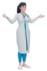 3d render. Cartoon character young women doctor with hands up isolated on background. 