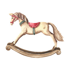 Watercolor Christmas illustration – Nutcracker: Christmas toys, retro toys, rocking horse © Александра Низенко