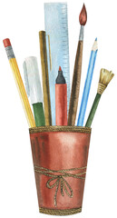 A glass with school supplies. Back to School. Watercolor illustration. 