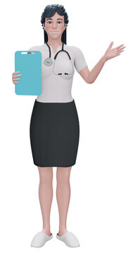 recommend clip art: 3d render., Doctor cartoon character shows clipboard with blank paper. ,Clip art isolated on blue background., Professional recommendation., Medical concept