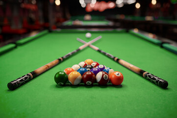 Billiard table with colorful ball - obrazy, fototapety, plakaty
