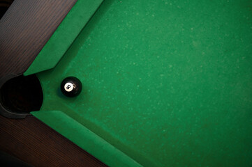 Ball at pool pocket in table corner