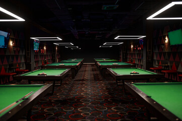Interior of billiard club with pool table for game - obrazy, fototapety, plakaty